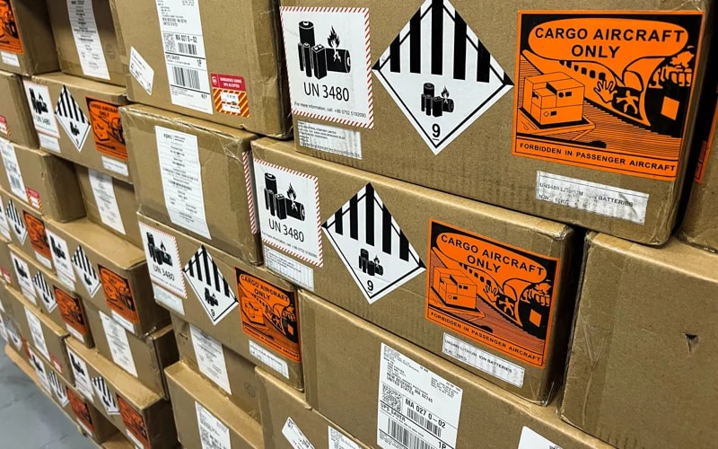 Lithium battery packs packaged with proper shipping labels.