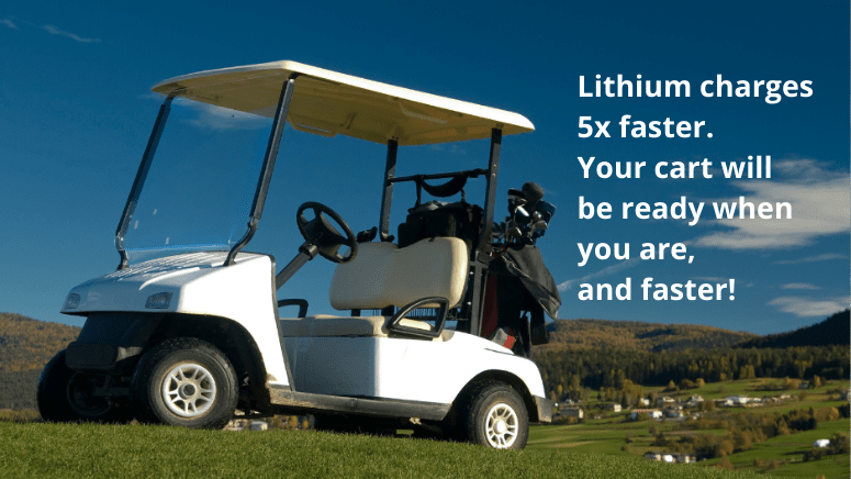A golf cart powered by a lithium battery parked on a lush lawn, with an article quotation next to it. A golf cart powered by a lithium battery parked on a lush lawn, with an article quotation next to it.